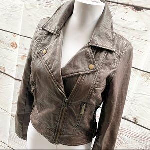 BONGO Dark Brown Biker Motorcycle Bomber Jacket M Faux Leather Elbow Patches